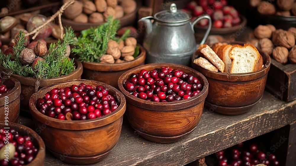 A wooden-topped table is adorned with bowls of cranberries and a teapot, as well as an adjacent pot of nuts A wooden-topped table is adorned with bowls of cranberries and a teapot, as well as an adjacent pot of nuts