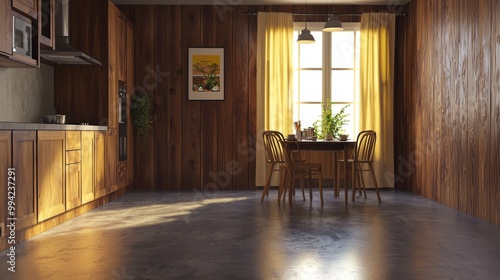 Late evening scene with dark wooden japandi kitchen, dining and living areas. Resin floor and beams head. Sofa and table with chairs. Minimalist design.