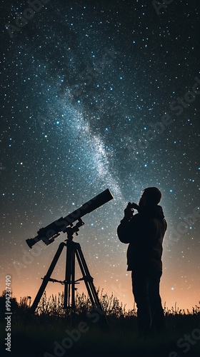 Man in suit looking at stars through a precise telescope image