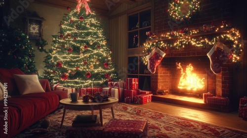 Cozy Christmas living room": A beautifully decorated living room with a glowing fireplace, a large Christmas tree adorned with lights and ornaments, and wrapped gifts under the tree. A comfy sofa with