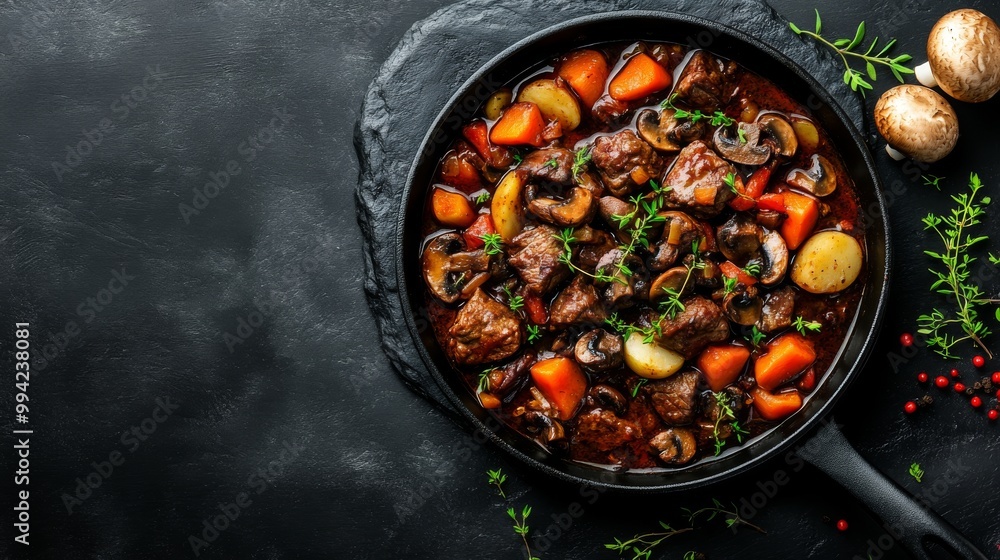 Beef bourguignon - meat stew with vegetables and mushrooms with red wine in a skillet over black slate, stone or concrete background , traditinal dish of french cuisine. Top view with copy space. Beef bourguignon - meat stew with vegetables and mushrooms with red wine in a skillet over black slate, stone or concrete background , traditinal dish of french cuisine. Top view with copy space.