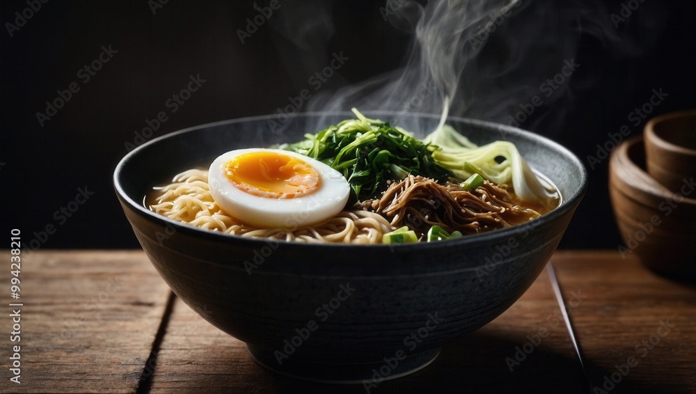 Close-Up of Steaming Ramen Bowl with Vegetables and Egg Yolk Close-Up of Steaming Ramen Bowl with Vegetables and Egg Yolk