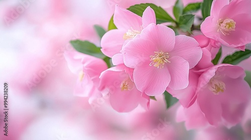  A zoomed-in picture of a pink blossom with green foliage on its stalk and numerous pink blooms surrounding it