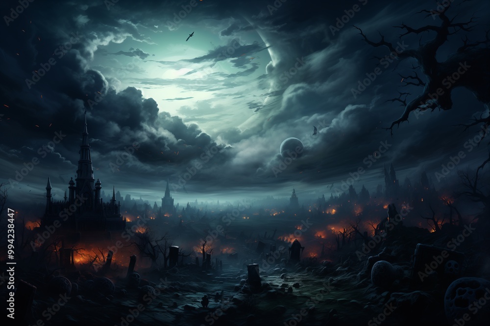 A haunting Halloween evening features a dark, mystical landscape. A towering castle looms in the background, partially shrouded in clouds, surrounded by dimly lit graves and twisted trees. A haunting Halloween evening features a dark, mystical landscape. A towering castle looms in the background, partially shrouded in clouds, surrounded by dimly lit graves and twisted trees.