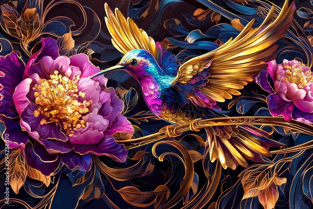 Illustration of a pattern design made with a hummingbird, flowers, leaves, and wildlife animals. Illustration of a pattern design made with a hummingbird, flowers, leaves, and wildlife animals.