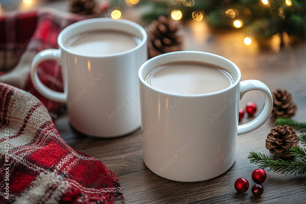 Mockup, blank white cups of steaming hot cocoa on a christmas themed table, Mockup, blank white cups of steaming hot cocoa on a christmas themed table,