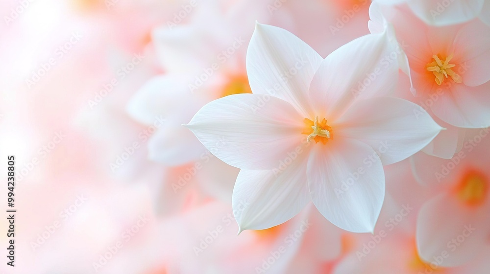 White flowers with yellow stamens on a pink-white background, blurred focus at flower center White flowers with yellow stamens on a pink-white background, blurred focus at flower center