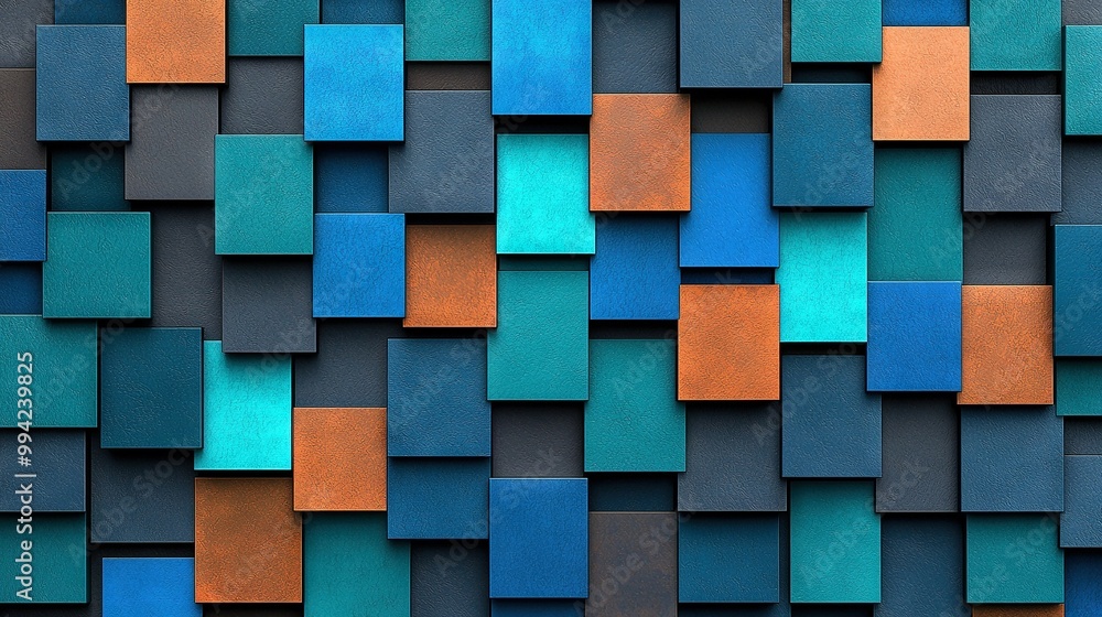 A blue-orange-brown mosaic wall with varied height squares and rectangles A blue-orange-brown mosaic wall with varied height squares and rectangles
