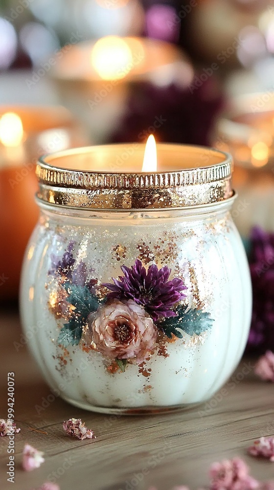 A glass jar holds a close-up candle on a table, surrounded by candles in the background and floral decorations A glass jar holds a close-up candle on a table, surrounded by candles in the background and floral decorations