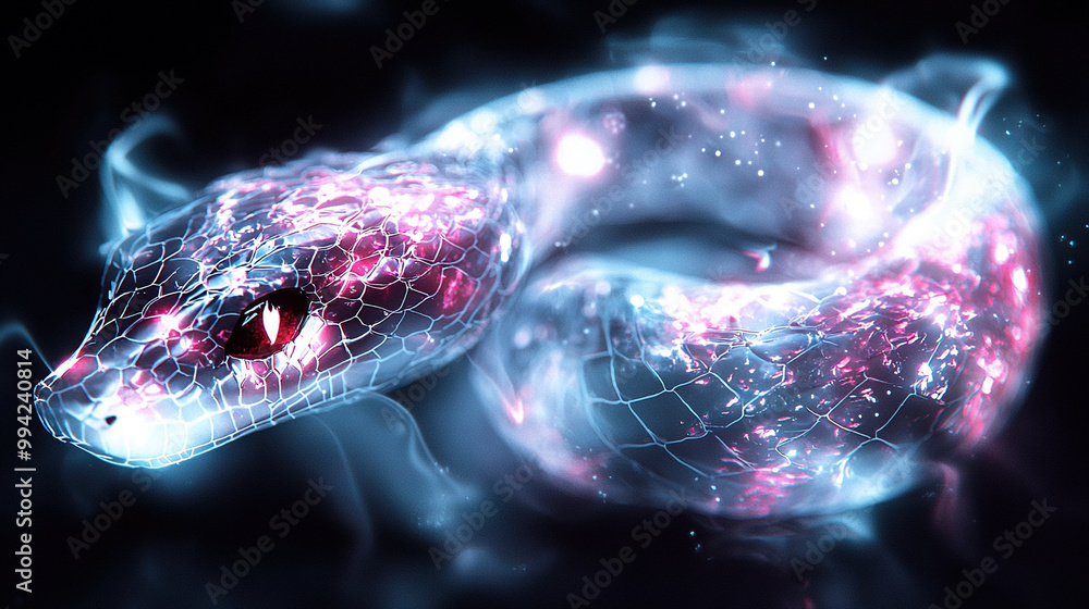 A black background with a close-up of a snake's head and bright pink and blue light emanating from its eyes A black background with a close-up of a snake's head and bright pink and blue light emanating from its eyes