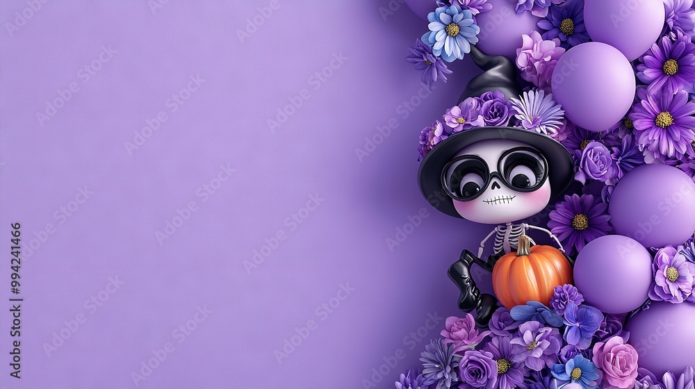 A purple background featuring a witch's skeleton in a witches hat, holding a pumpkin and encompassed by purple flowers A purple background featuring a witch's skeleton in a witches hat, holding a pumpkin and encompassed by purple flowers