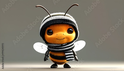 Cheerful cartoon bee with a striped scarf, showcasing a friendly face and standing on two legs in a vibrant orange and black design photo