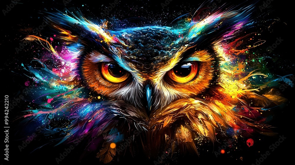 An owl's face in a colorful painting with splattered paint on its wings and eyes An owl's face in a colorful painting with splattered paint on its wings and eyes