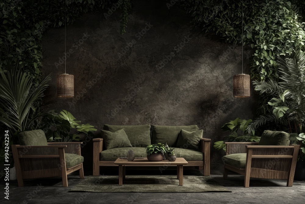 Obraz premium Green walled living room showcasing natural beauty and sophisticated style
