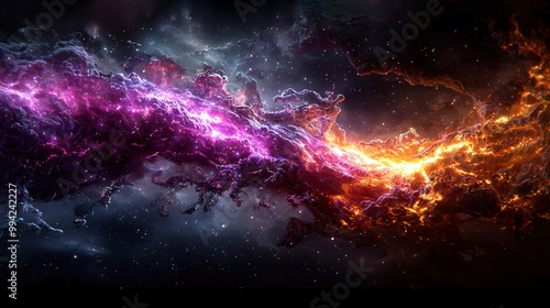  A space scene with a fire-and-ice-like structure in the center on a black background