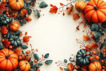 Vibrant autumnal border design featuring joyful pumpkins and colorful leaves, ideal for Thanksgiving invitations and Halloween festivity decorations. Clean space for text.