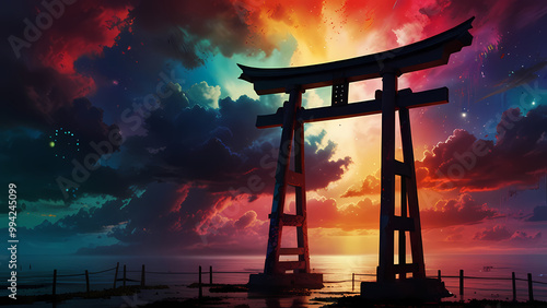 The silhouette of a Torii gate surrounded by abstract shapes and vivid colors, with swirling clouds and fragmented light beams in the background