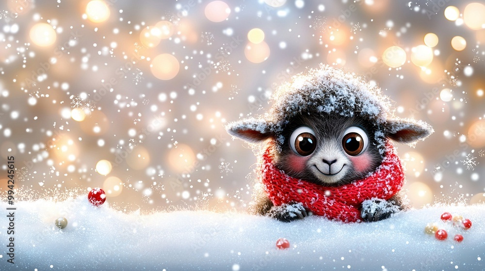 A painting of a baby sheep wearing a red scarf in the snow A painting of a baby sheep wearing a red scarf in the snow