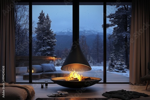 The interior of this modern chalet features a fireplace and panoramic views of the mountains photo