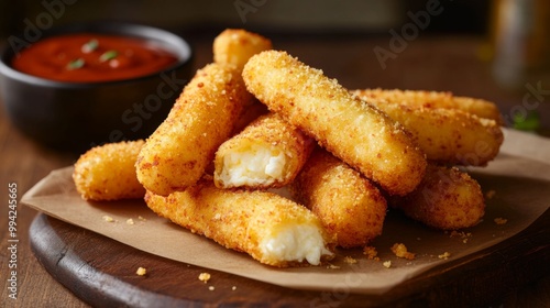 A close-up of a plate of golden-brown mozzarella sticks on parchment paper with marinara sauce in the background.