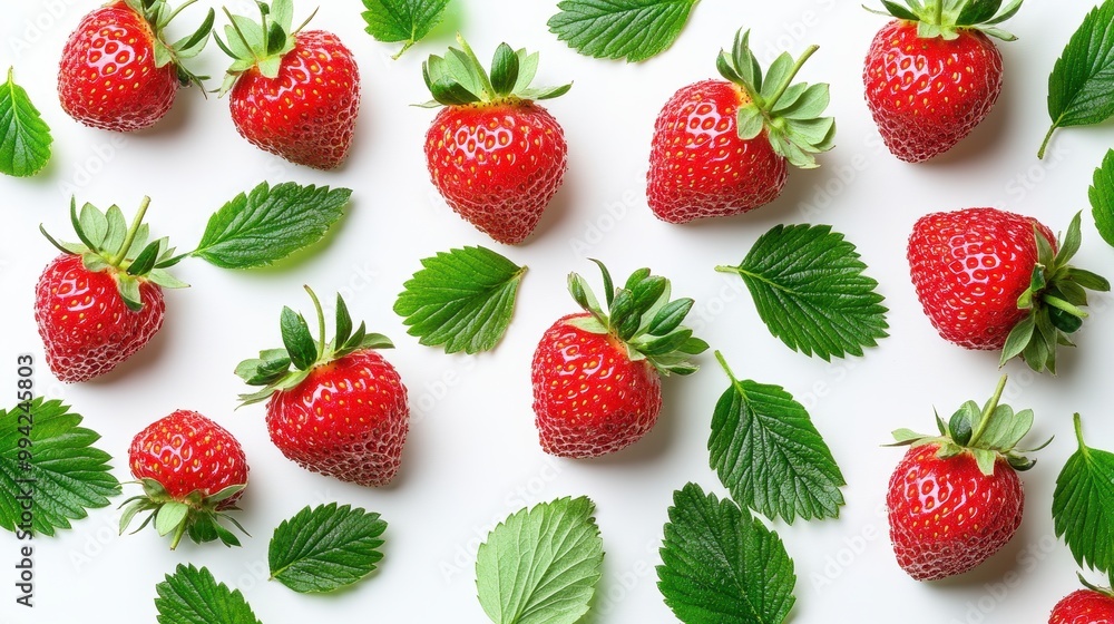 Fresh strawberries arranged on a white background with green leaves, perfect for healthy eating and dessert themes Fresh strawberries arranged on a white background with green leaves, perfect for healthy eating and dessert themes