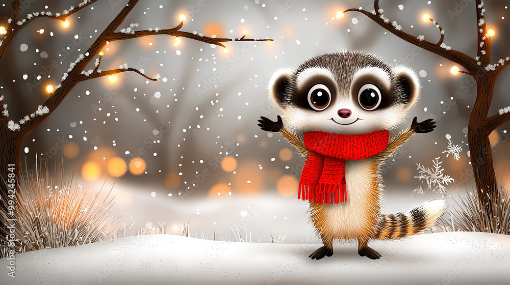 A raccoon with a red scarf on and around its neck stands in a snow-covered forest A raccoon with a red scarf on and around its neck stands in a snow-covered forest
