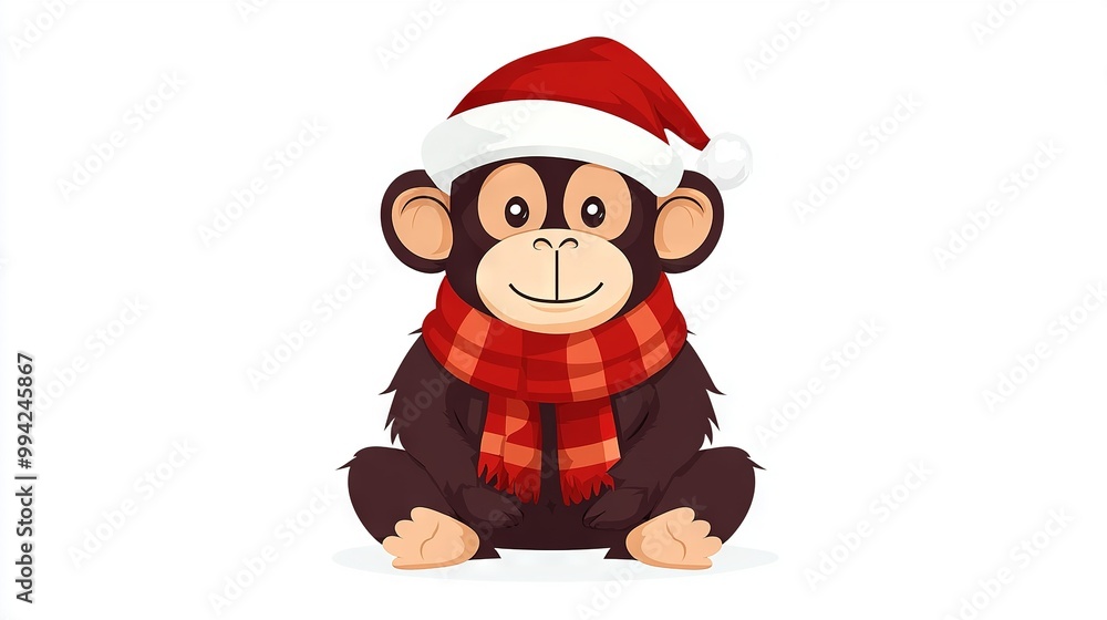 A monkey in a Santa hat and scarf sits on the ground, holding a scarf around its neck A monkey in a Santa hat and scarf sits on the ground, holding a scarf around its neck