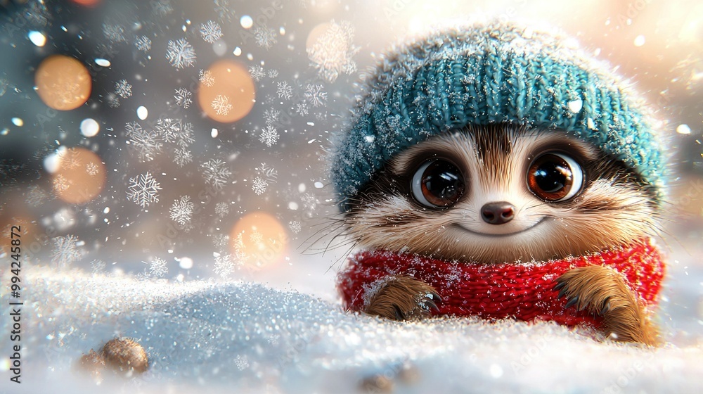 Close-up of a small animal wearing a sweater and a knitted hat against a background with snowflakes Close-up of a small animal wearing a sweater and a knitted hat against a background with snowflakes
