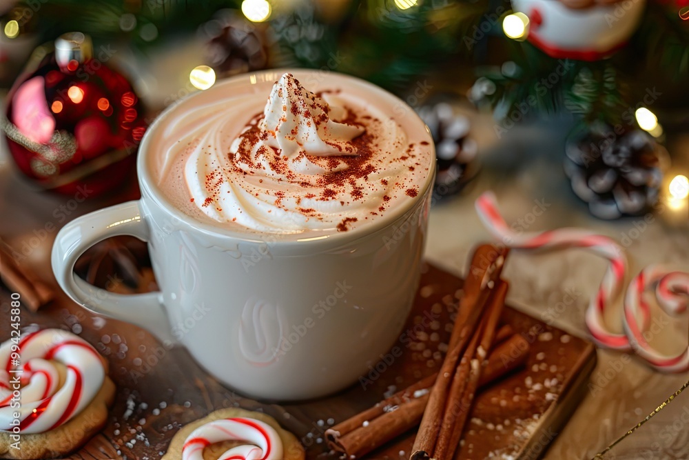 Cozy Christmas latte with snowflake art, cinnamon sticks, and holiday cookies, surrounded by festive decorations Cozy Christmas latte with snowflake art, cinnamon sticks, and holiday cookies, surrounded by festive decorations