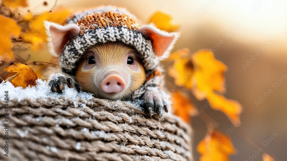 Small pig in knitted hat emerging from rope basket amidst autumn foliage Small pig in knitted hat emerging from rope basket amidst autumn foliage