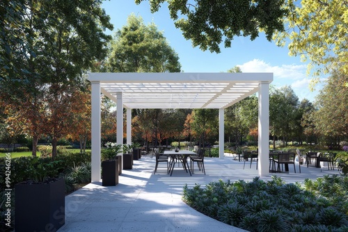 Wallpaper Mural With a white pergola, a stylish black dining set, and potted plants, a sleek minimalist patio blends simplicity and modern elegance. Torontodigital.ca
