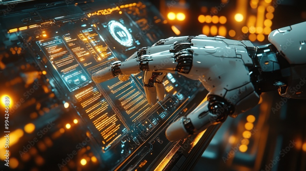 A robotic hand interacts with a digital interface, showcasing the advancement of technology. A robotic hand interacts with a digital interface, showcasing the advancement of technology.