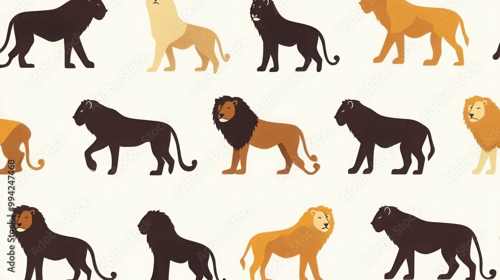 Fototapeta premium lion silhouettes in various poses, using earthy tones like brown, gold, and orange.