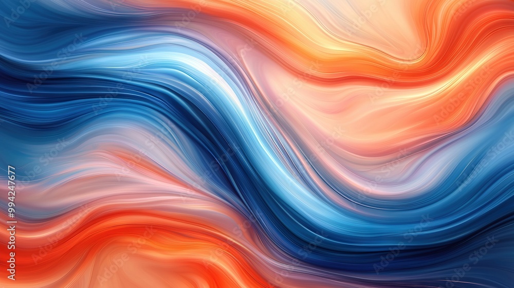 A blue, orange, and white wave abstract with a red center on the left side A blue, orange, and white wave abstract with a red center on the left side