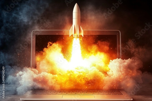 In a flash, a rocket appears on the screen of a laptop, a startup concept, and neon lights appear in the background. photo