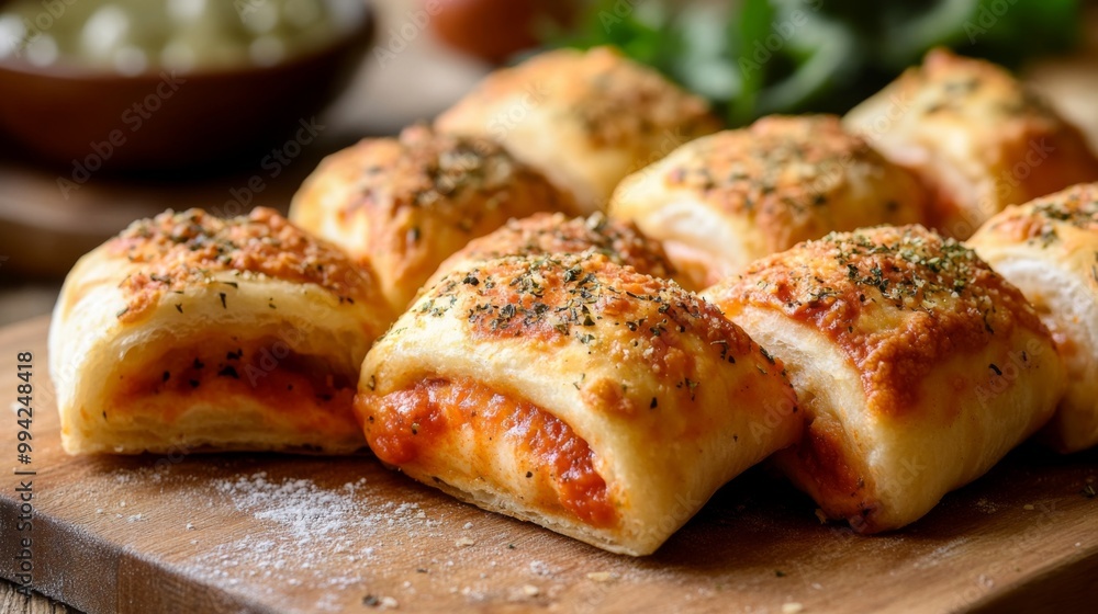 A close-up shot of a wooden cutting board with several small, golden brown, pizza rolls. A close-up shot of a wooden cutting board with several small, golden brown, pizza rolls.