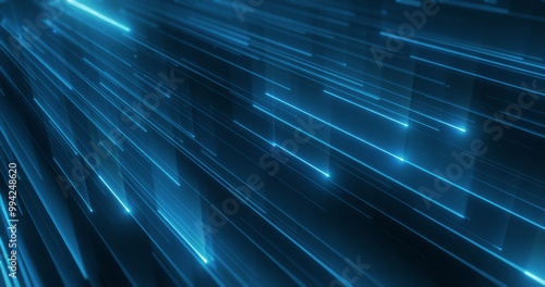 Blue tech lines with a glow, weaving through cyberspace. 3D lines, driven by data, forms an intricate network, symbolizing the seamless connection of science and technology