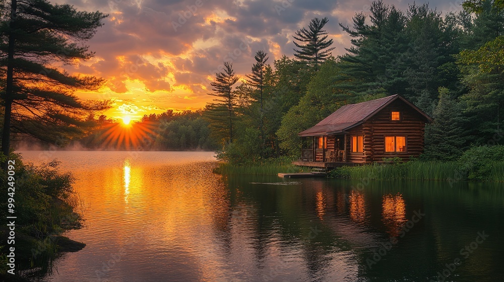 Obraz premium peaceful cabin by the lake at sunset with golden sky and water reflection , perfect for a nature getaway , offering calm and serene outdoor scenery in a wilderness and forest environment