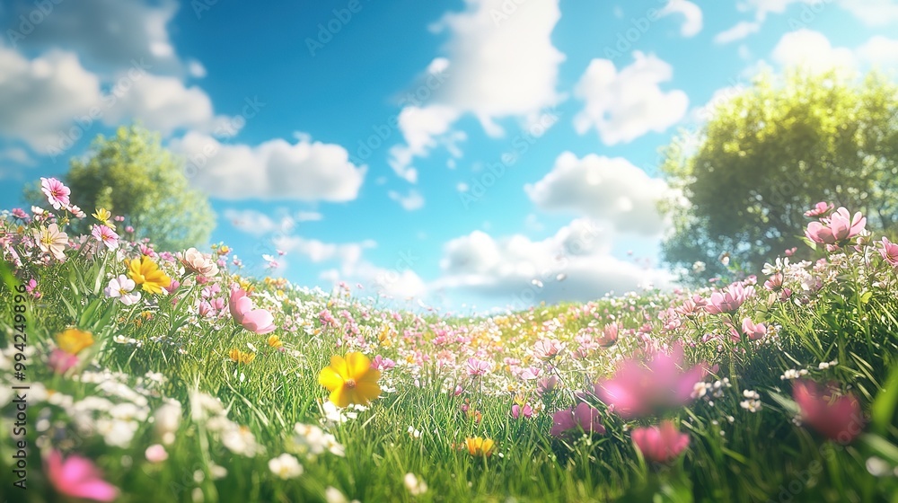 A scenic landscape featuring a meadow of blooming spring flowers, with a clear blue sky and sunshine overhead A scenic landscape featuring a meadow of blooming spring flowers, with a clear blue sky and sunshine overhead