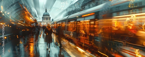 Blurry scene of London transportation in motion, set against St. Paul's Cathedral.