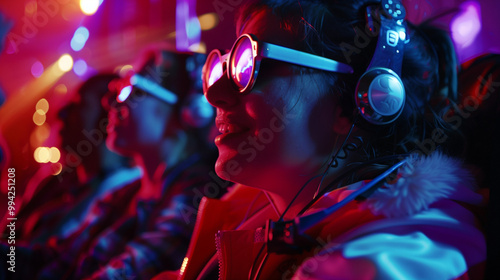 Group of People Immersed in Virtual Reality Experience with Headphones and VR Glasses in a Futuristic Neon-Lit Setting. Silent disco for disabled deaf Gen-z community. Music for dance and therapy.  photo