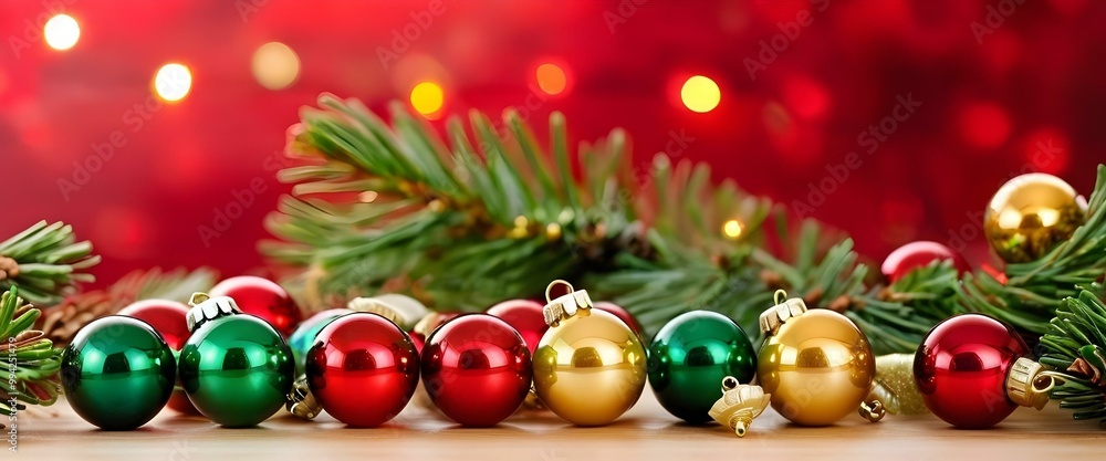 Christmas New year background with red, green and golden balls and pine branches. AI generated Christmas New year background with red, green and golden balls and pine branches. AI generated