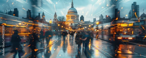 Blurry scene of London transportation in motion, set against St. Paul's Cathedral.