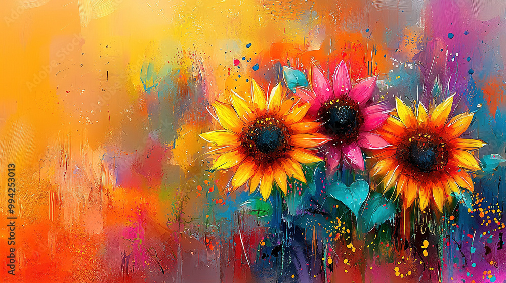 Three sunflowers in a vase on a multicolored background Three sunflowers in a vase on a multicolored background