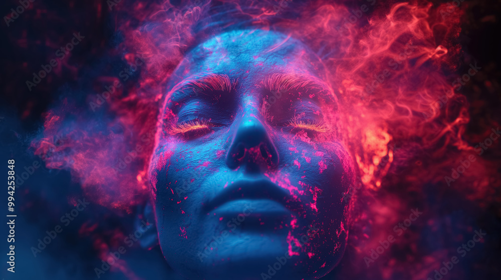Futuristic and surreal face with glowing neon pink and blue effects, representing an artistic fusion of technology and emotion. The person's expression is serene and meditative. Futuristic and surreal face with glowing neon pink and blue effects, representing an artistic fusion of technology and emotion. The person's expression is serene and meditative.