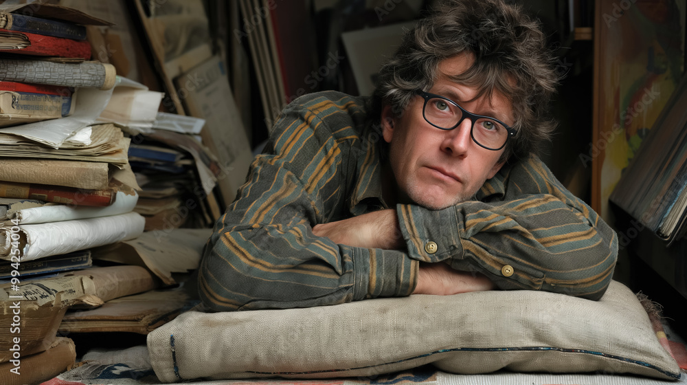 Man with disheveled hair and glasses rests his chin on a pillow amidst stacks of books and papers. His thoughtful expression suggests reflection or contemplation in a cluttered environment. Man with disheveled hair and glasses rests his chin on a pillow amidst stacks of books and papers. His thoughtful expression suggests reflection or contemplation in a cluttered environment.