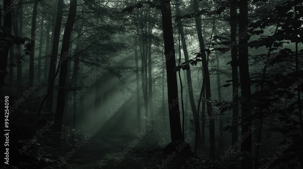 Obraz premium Misty, shadow-filled forest is lit by shafts of sunlight breaking through the trees. The scene feels mysterious and serene, with an aura of silence and hidden paths.