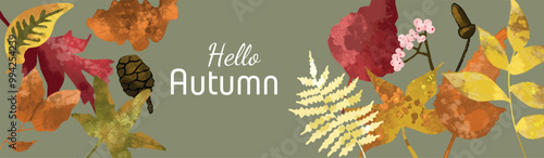 Bannière automne texte modifiable feuilles orange jaune rouge vert marron fond vert vecteur 