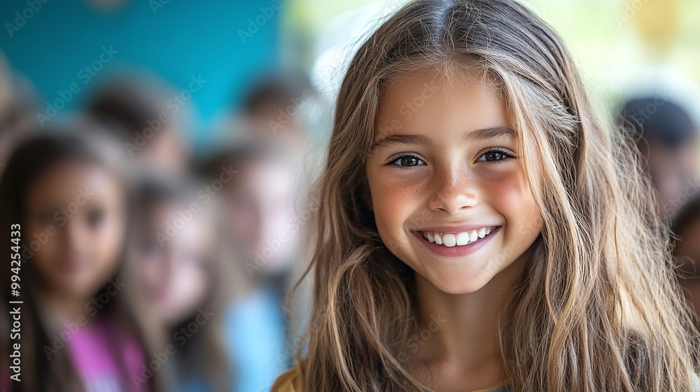 young girl beaming with happiness in front of a group of children at an educational event, representing the essence of inspiration and growth young girl beaming with happiness in front of a group of children at an educational event, representing the essence of inspiration and growth