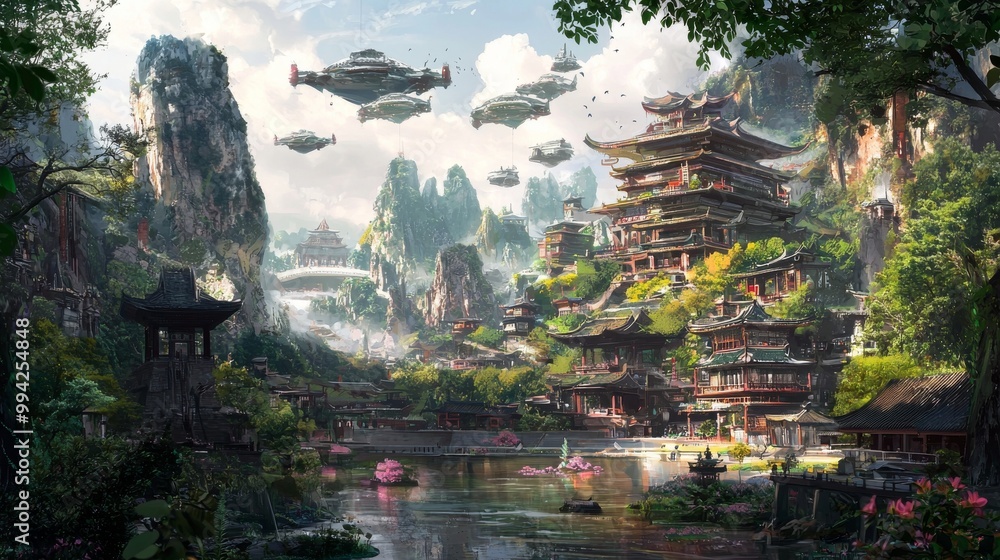 Fototapeta premium Green eco-friendly utopic city concept in the future. Stock illustration.